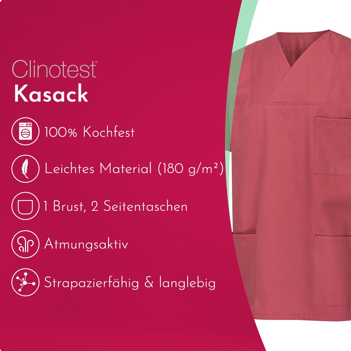 Clinotest Funktionsbluse Kasack Damen & Herren - 95 Grad waschbare, kochfest ohne einzulaufen (1-tlg) Schlupfkasack aus Baumwolle & Polyester - Berufsbekleidung für Pflege