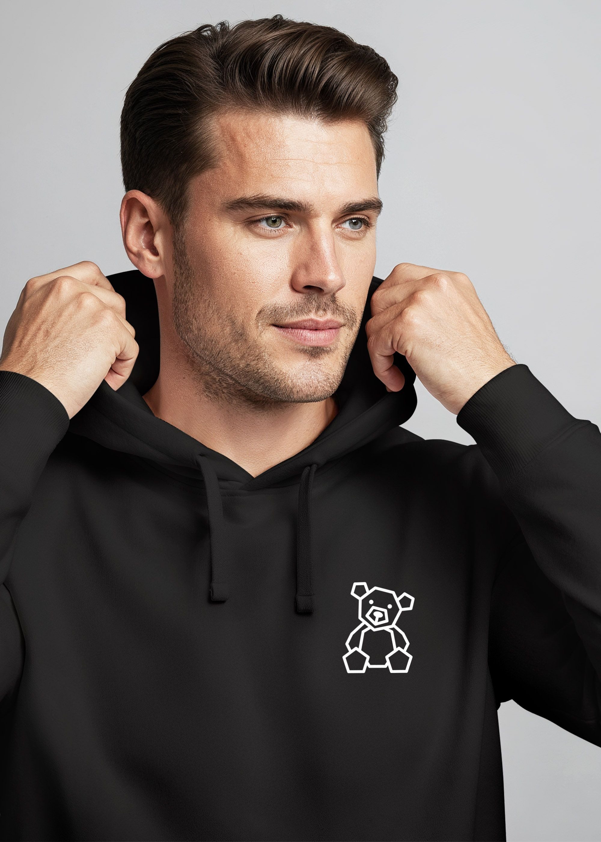 Neverless Hoodie Hoodie Herren Print Minimal Teddy Kapuzenpullover mit Bär Brustlogo