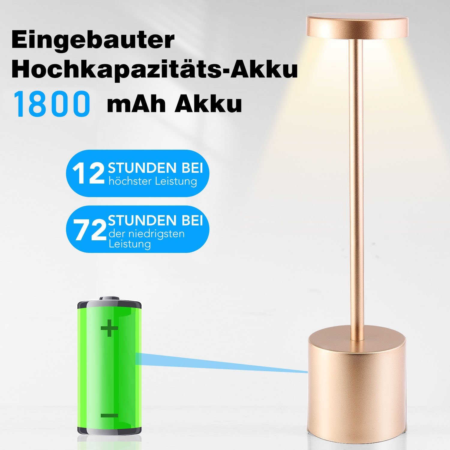 Akku Warmweiß Garten 3000K Wasserdicht Touch-Tischlampe LED oyajia 6000K, fest Kabellos integriert, Kaltweiß Dimmbare, Weiß Tischleuchte Tischlampe 4500K Arbeitszimmer für IP54 LED Roségold Esstisch Schlafzimmer Balkon Tischleuchte,