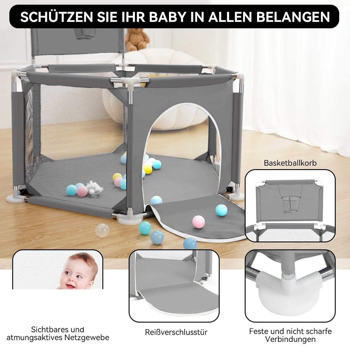 Basketball-Netz mit Baby Comomy 130x130x64cm Krabbelgitter Laufgitter,