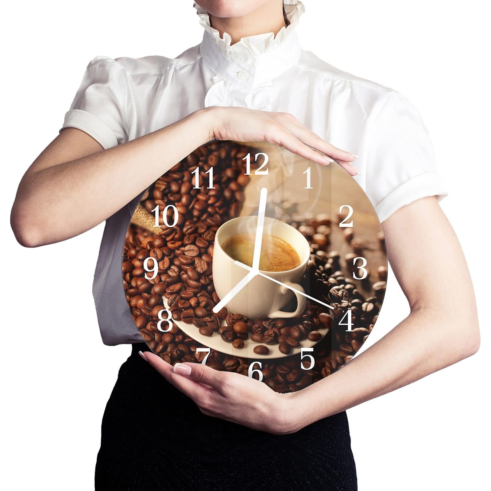 - Primedeco Motiv mit 30 cm Wanduhr Durchmesser Rund Wanduhr und Tasse Kaffeebohnen Glas mit auf Quarzuhrwerk aus