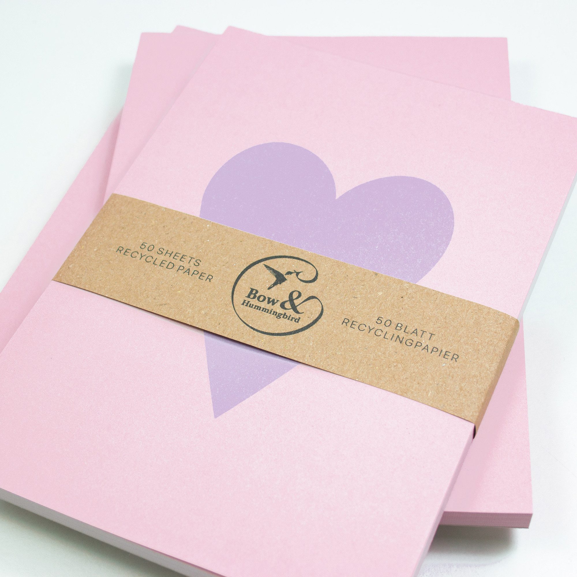 Bow & Hummingbird Notizblock Nachhaltiger Notizblock Herz Rosa/Lila aus Recyclingpapier, 100 % Recyclingpapier