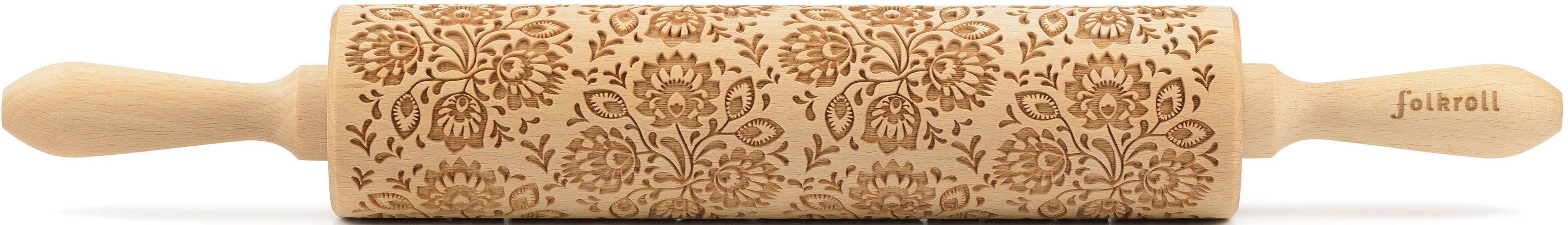 folkroll Teigroller 3D-Motiv-Teigrolle Massivholz, Floral