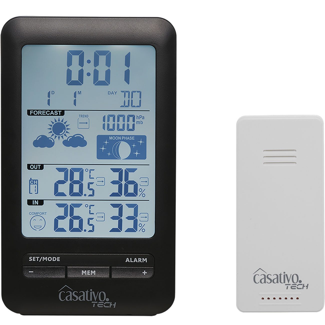 Casativo Digitale Funk-Wetterstation mit Außensensor Display Wettertrend Funkwetterstation (IP44/60m Reichweite/ 3 Kanäle/ Wecker Funkuhr)