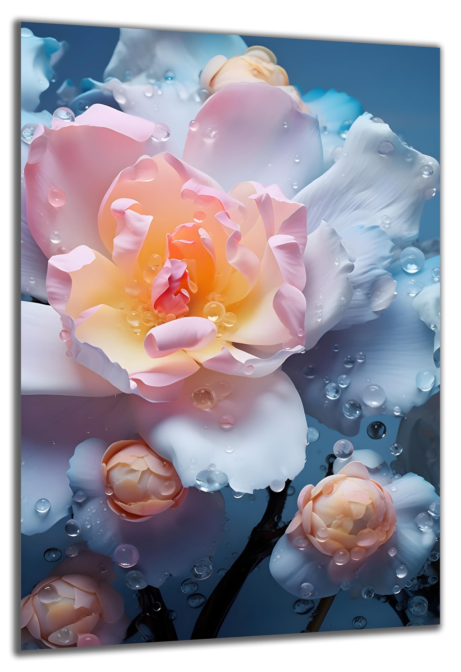 DARO Design Wandbild Blumen Blau Wandbilder Wand Deko Bilder Geschenk Leinwandbild, (Blumenkunst - Bild klein Wohnzimmer Schlafzimmer Büro Flur Esszimmer Einteilig Querformat Fotodruck Blumen in Blau), 30x20 cm