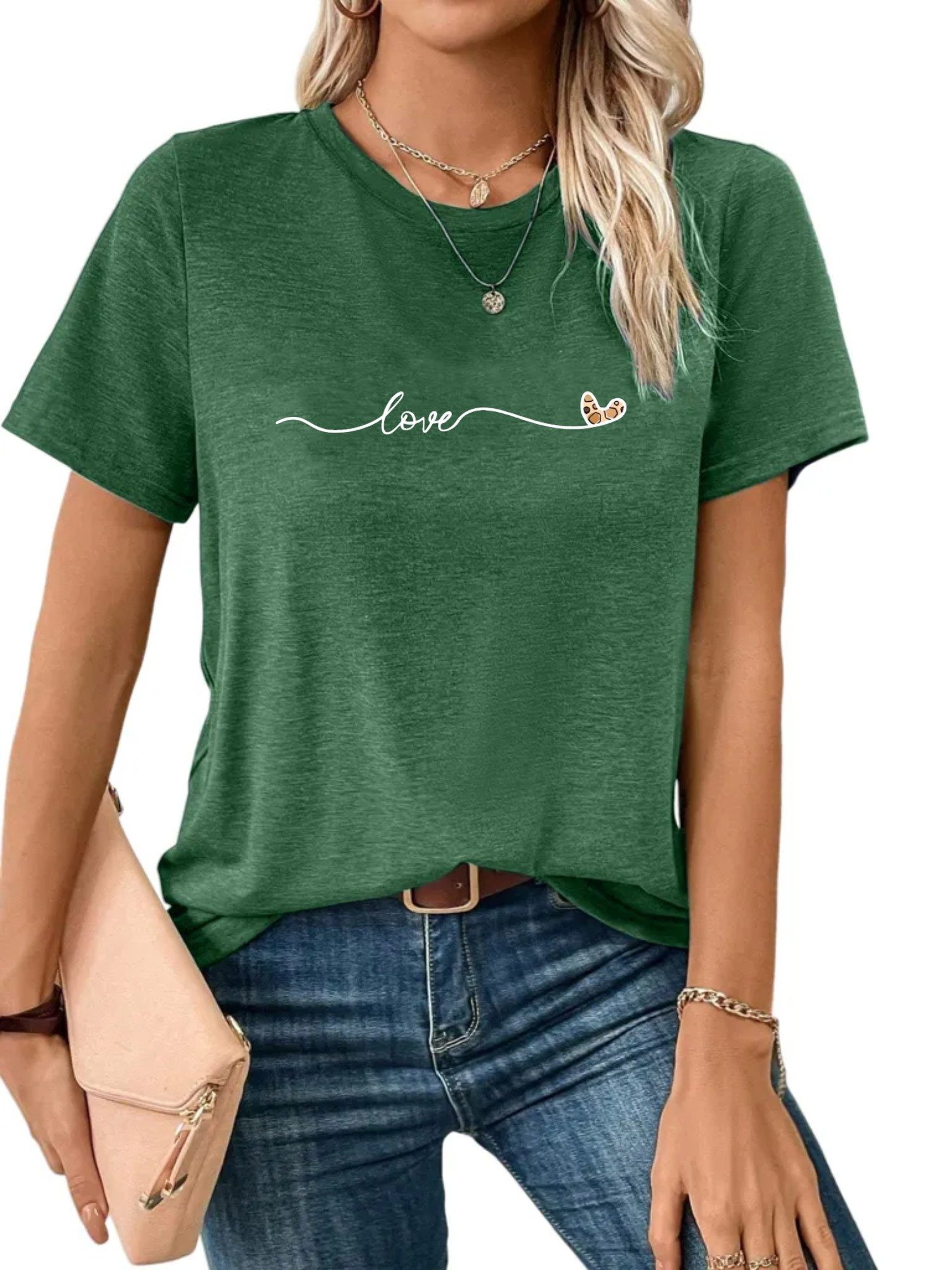 Kurzarmbluse Damen bequemes Sommer Kurzarmbluse Locker Liebe Print-Shirt