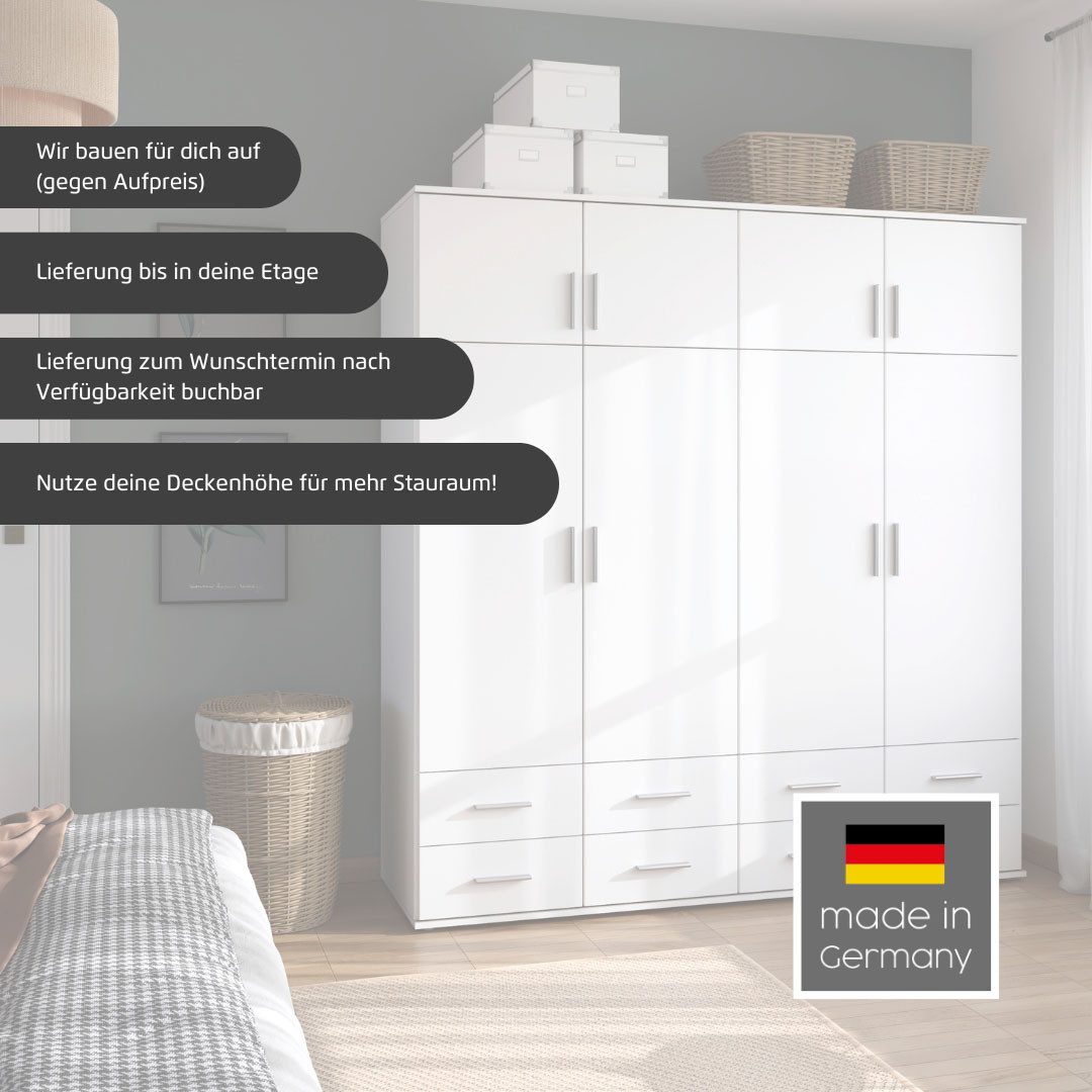 rauch Kleiderschrank Schrank Drehtürenschrank Ankleide Garderobe Schlafzimmerschrank KEMI (Breiten: 90/135/180 cm, Höhe 194 cm) mit Schrankaufsatz und Schubladen, extra viel Stauraum MADE IN GERMANY
