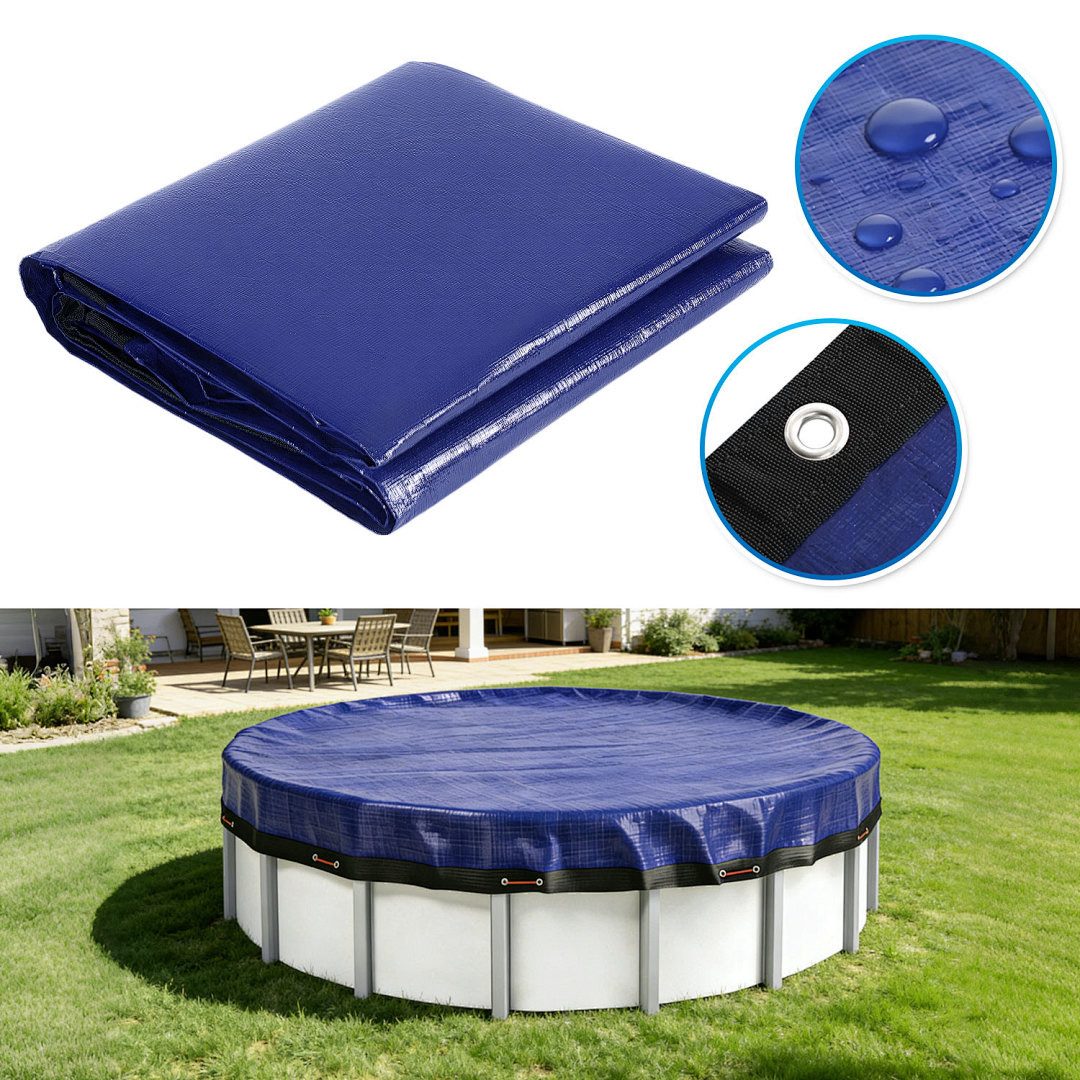 Clanmacy Pool-Abdeckplane rund 2-in-1 PE Blau/Schwarz mit Ösen & Stahlseil