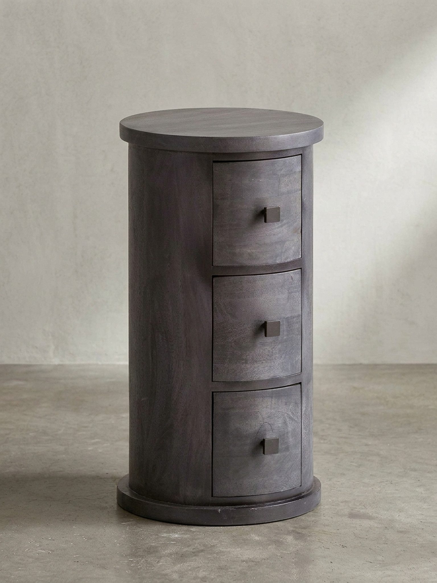 KADIMA DESIGN Kommode Design Sideboard Mango Massivholz Schwarz 34x65x34 cm, Schränkchen, mit 3 Schubladen, Schmaler Beistellschrank Massiv, Mini Kommode Rund