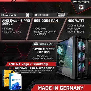 SYSTEMTREFF Basic Gaming-PC-Komplettsystem (27", AMD Ryzen 5 4650G, RX Vega 7, 8 GB RAM, 1000 GB HDD, 512 GB SSD, Windows 11, WLAN)