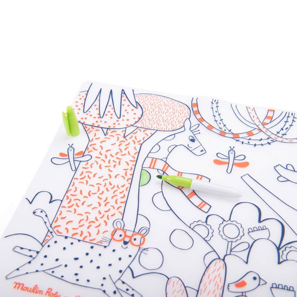 Moulin Roty Malvorlage Toupitis Tischset + 5 abwaschbare Filzstifte Mal-Tischset für (Set), Mal-Tischset