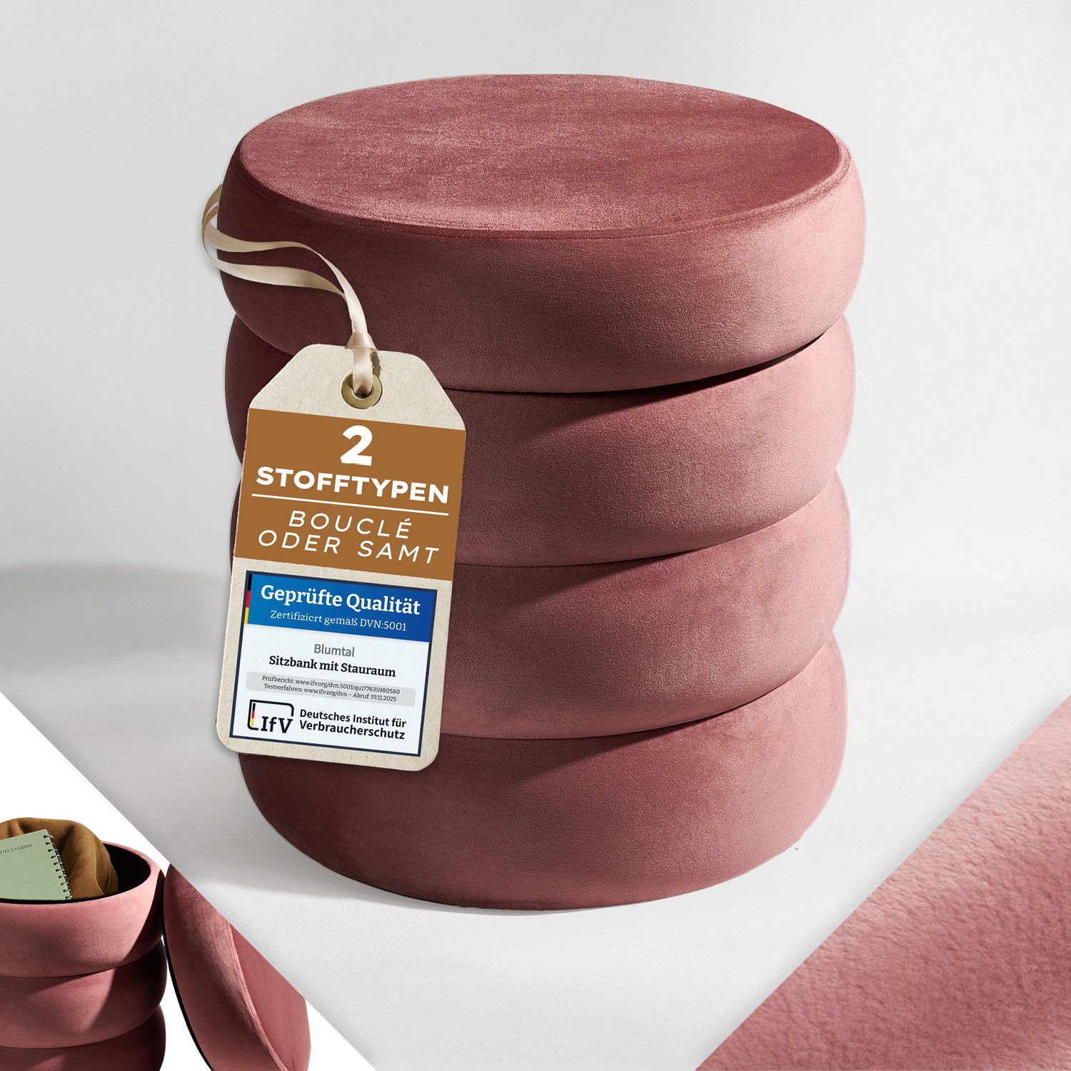 Blumtal Sitzhocker Hocker mit Stauraum mit Bouclé oder Velvet-Bezug, robuste Sitztruhe mit Stauraum und extrem Dickes MDF