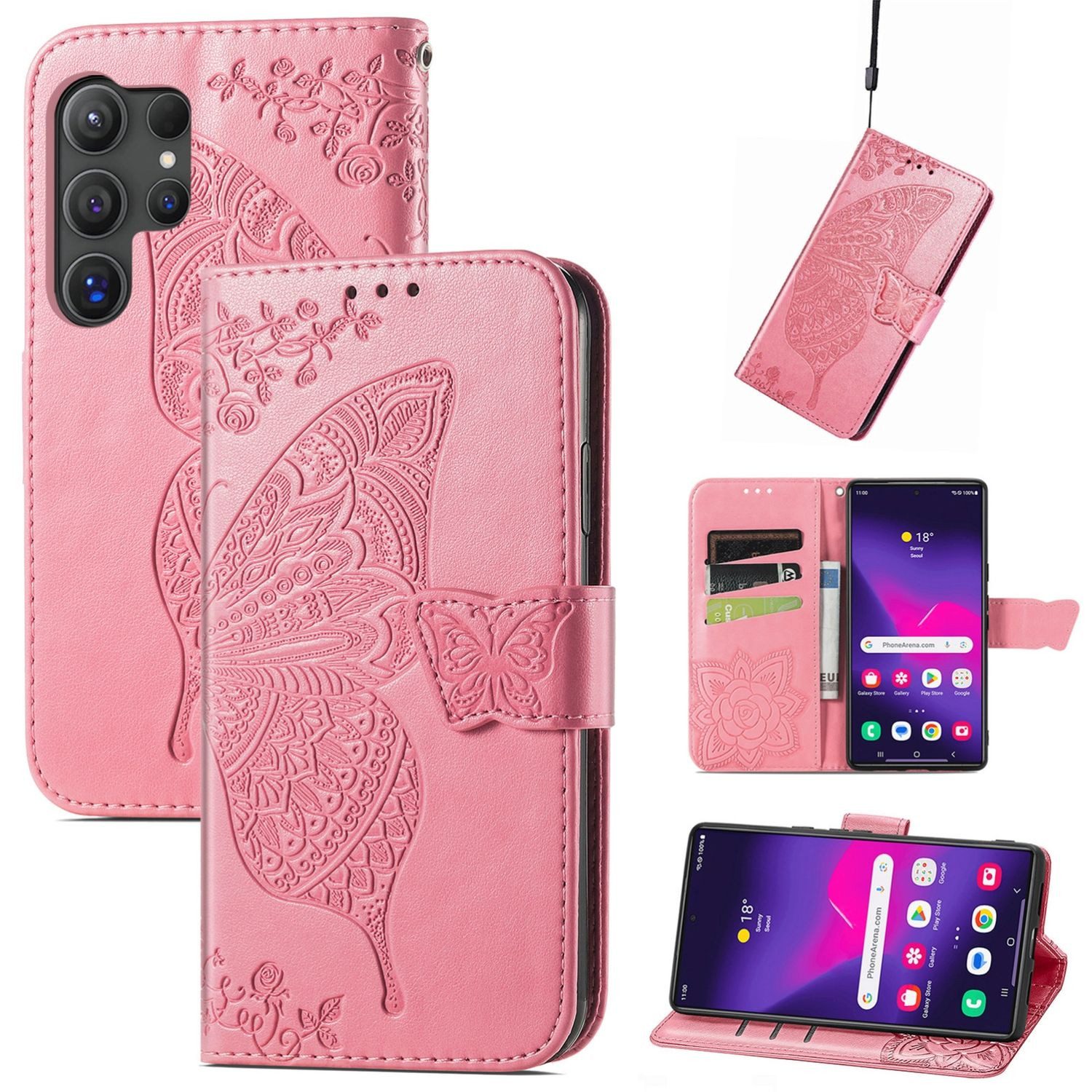 Wigento Smartphone-Hülle Für Samsung Galaxy S25 Ultra Kunstleder Book Schmetterling Hülle Pink, Kunst-Leder Schutzhülle Smart Case Cover magnetischer Verschluss