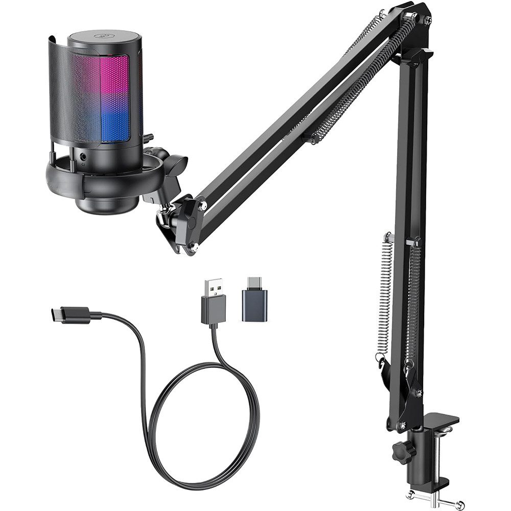 TUWENA Mikrofon Gaming Mikrofon PC RGB mit Arm, USB Microphone mit Kopfhöreranschluss, Für Streaming Podcast Studio, USB Microphone für PS4 PS5 Mac