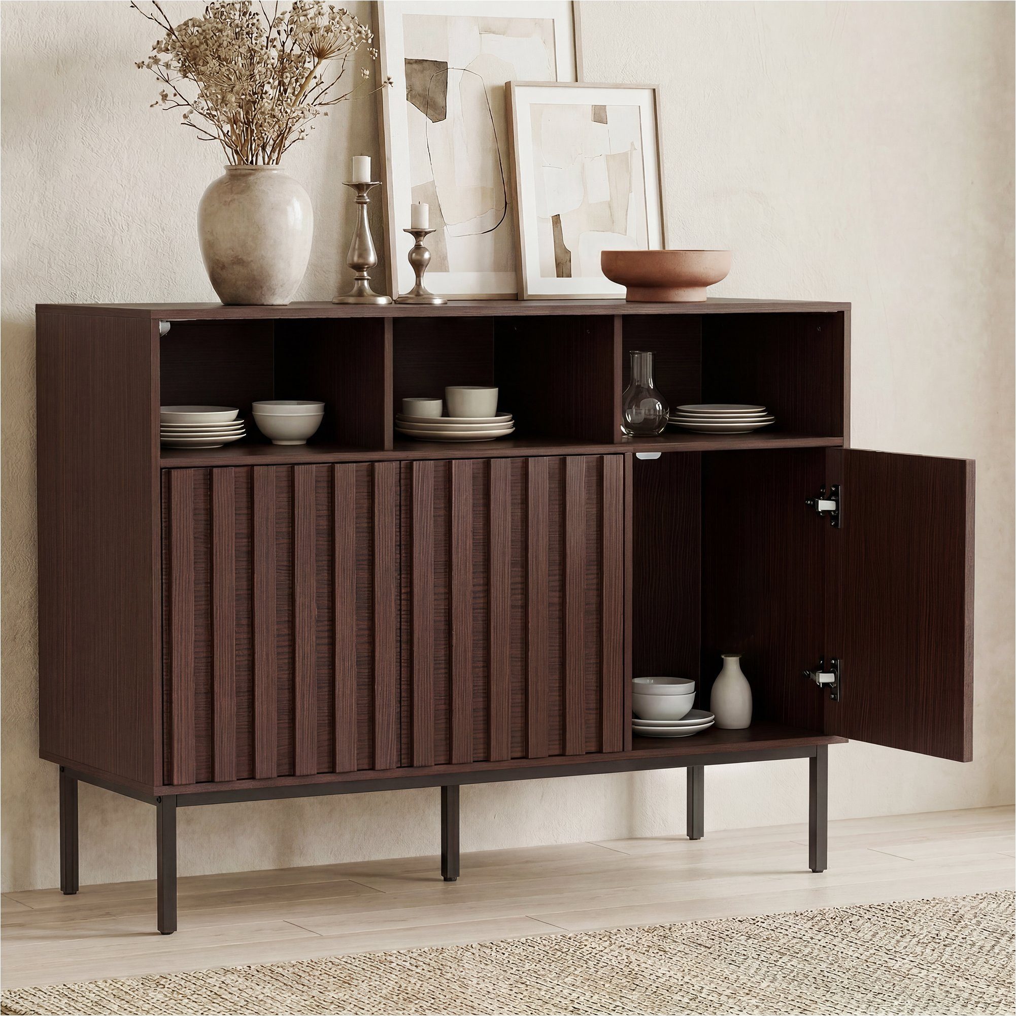 UEV Sideboard Küchenschrank mit 3 Türen & 3 offenen Fächern, Sideboard mit 3 Türen, 105 x 39 x 80cm