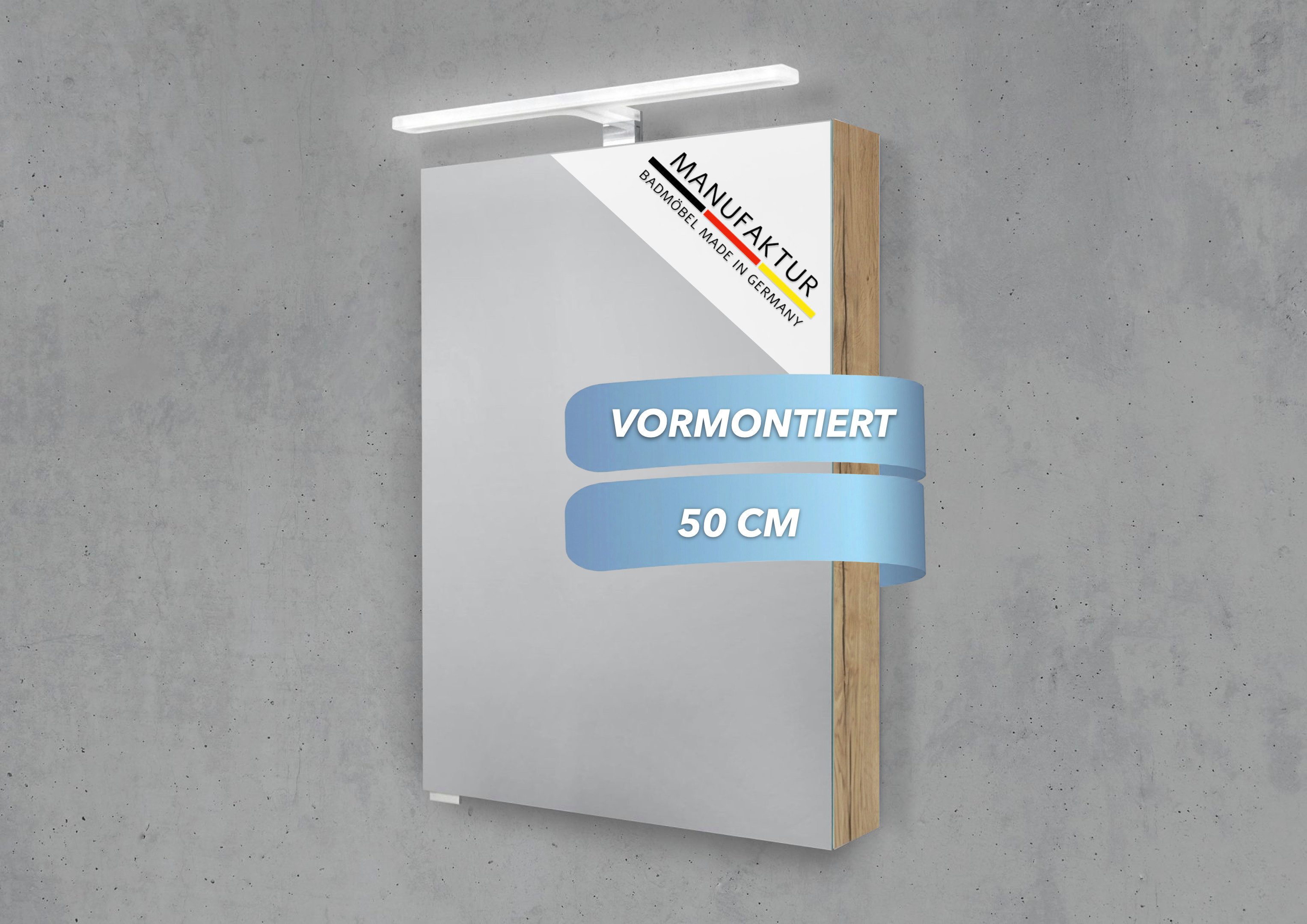 Intarbad Badezimmerspiegelschrank 1-türiger Spiegelschrank mit MULTI LED Acryl Aufsatzleuchte, dimmbar (Doppelspiegeltür, Holz-/ Lackdekore, Maße von 50 und 60 cm wählbar, Höhe 70 cm, Glasfachböden, Magnetleiste & Kosmetikspiegel Ø 12 cm) Vormontierte Lieferung, Floatglas, 160 kg Traglast, Made in Germany