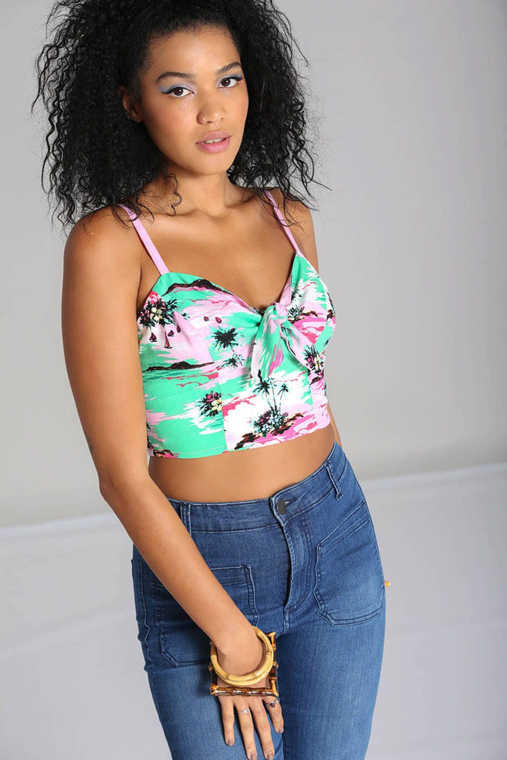Hell Bunny Crop-Top Kai Bauchfreies Oberteil Schleife Tropisch Palmen Hawaii
