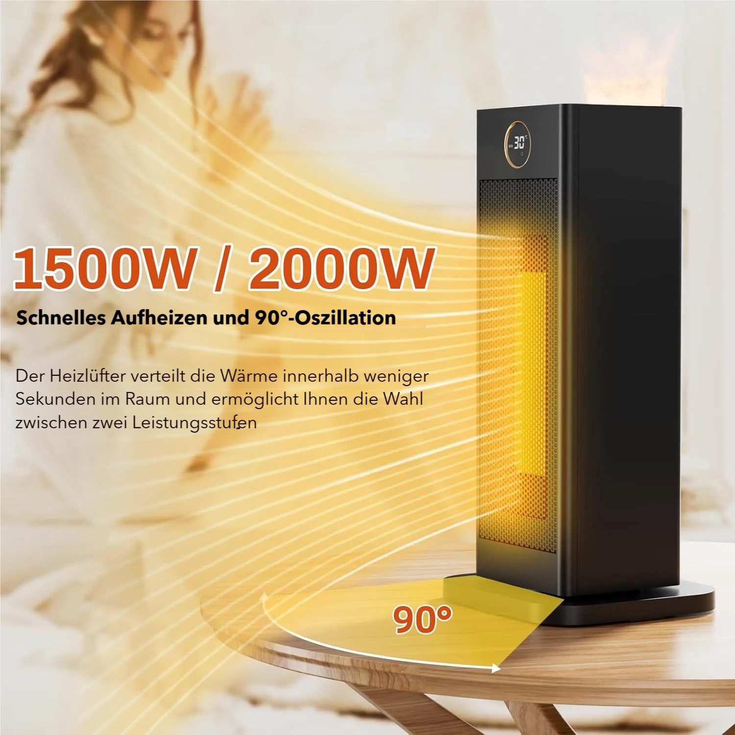 TLGREEN Heizlüfter mit Befeuchtungsfunktion, PTC Leise Heizung,12-Std-Timer, 4 Modus, 2000 W, 90° Oszillierend, Fernbedienung, Umgebungslicht, Tip Over Schutz