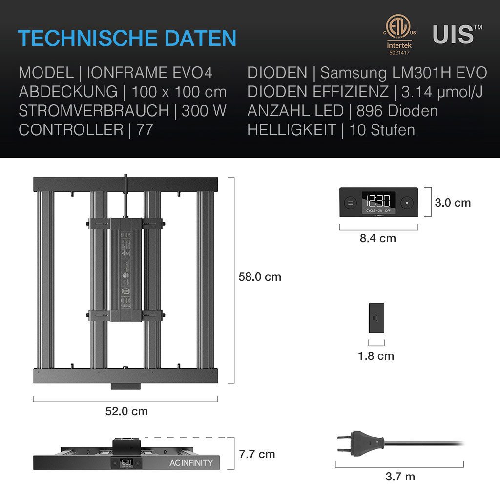 AC INFINITY Pflanzenlampe AC Infinity IONFRAME, EVO4, LED fest integriert, Vollspektrum, Samsung LM301H EVO mit 300W