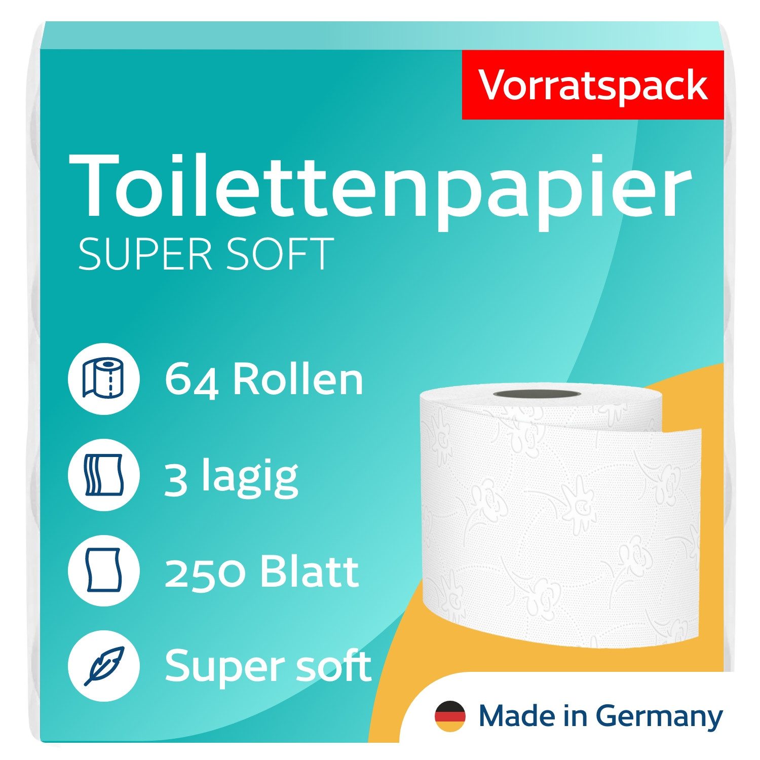 Satino Toilettenpapier 3-lagig - 250 Blatt pro Rolle - 100% Zellstoff - Made in Germany (64-St)