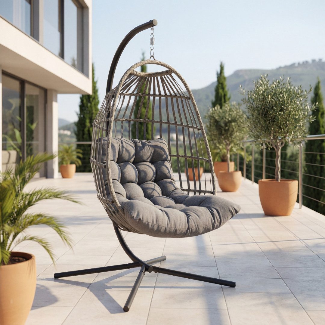 DERKORB Подвесноые стулья Der Hängekorb - Подвесноые стулья mit Gestell und extra dickem Kissen (1-St), Polyrattan, wetterfest, 10cm dickes Sitzkissen, stabiler X-Standfuß