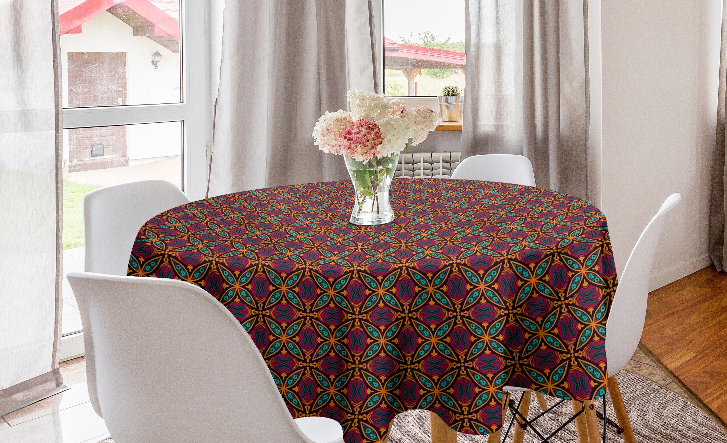 Abakuhaus Tischdecke Kreis Tischdecke Abdeckung für Esszimmer Küche Dekoration, Jugendstil Geometrische Blumengrafik