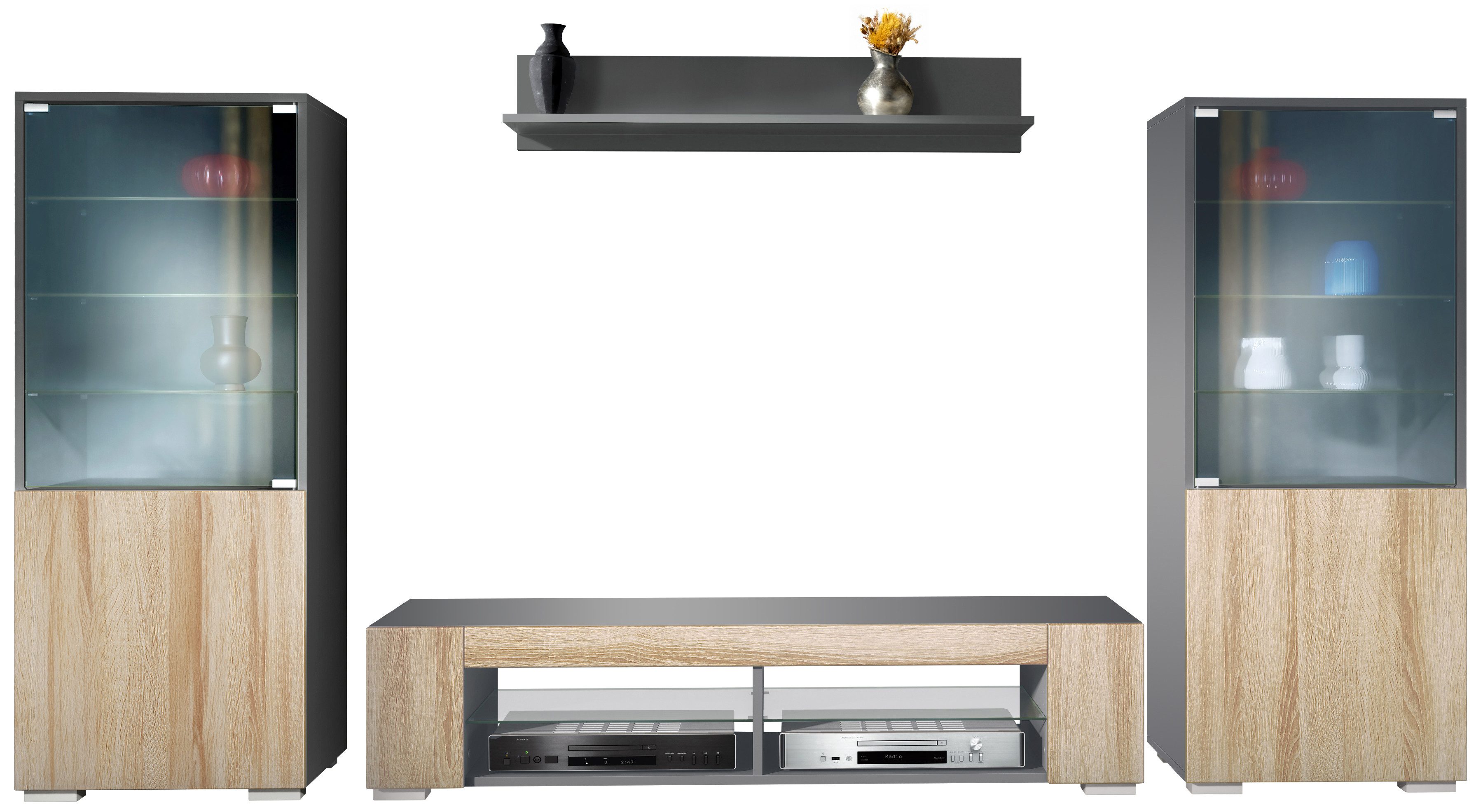 Vladon Wohnwand Nevada V2, (Anbauwand, bestehend aus 2 Vitrinen, 1 TV-Board und 1 Wandregal), Anthrazit matt/Eiche sägerau (304,5 x 141 x 39 cm)