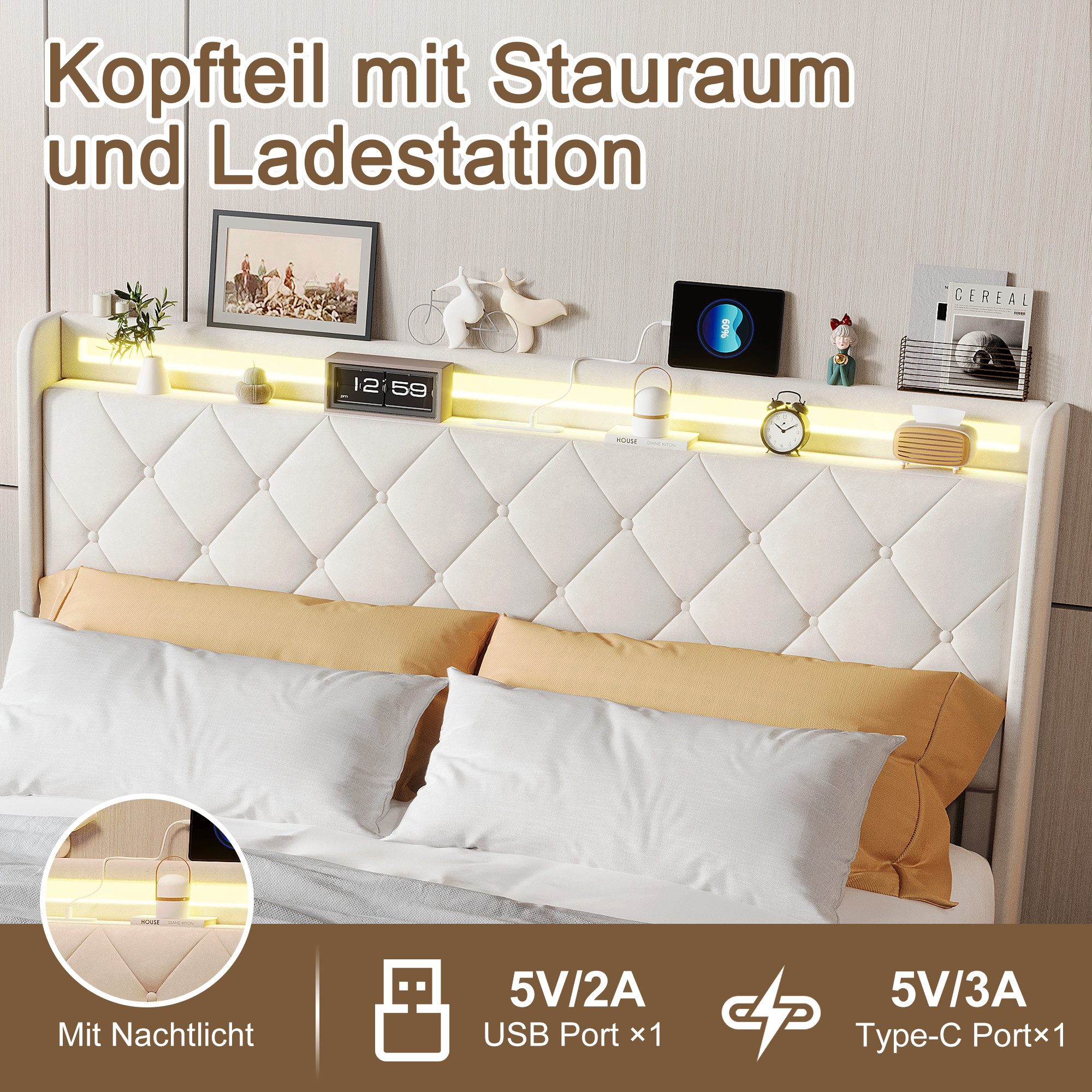 PXloue Polsterbett Led Doppelbett (1-tlg., Modernes Jugendbett, Leises Design Bett, Samtmaterial Polsterbett), Mit LED-Beleuchtung und Ladefunktion, Belastbarke – Bild 5 von 5