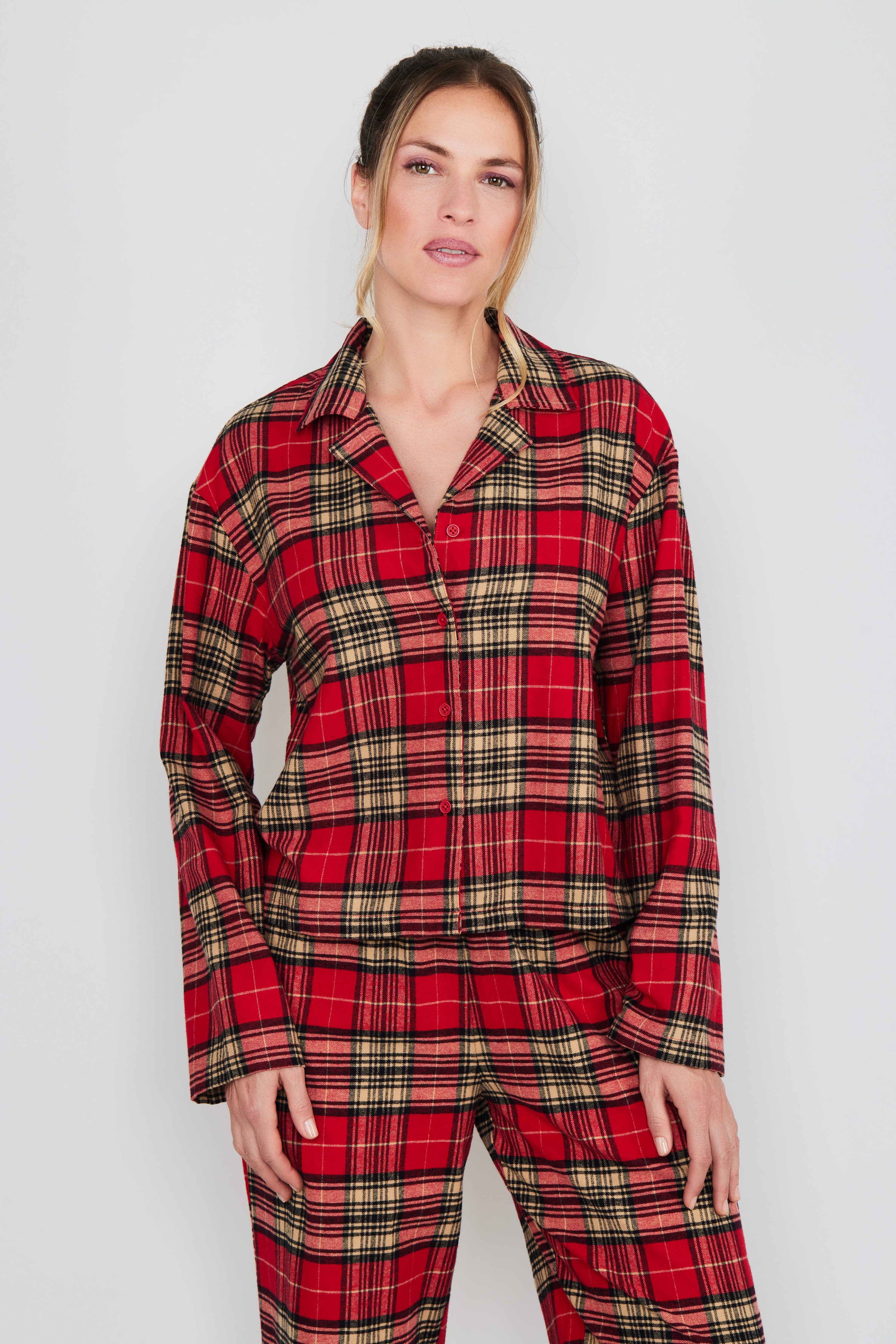 Joop Jeans Pyjamaoberteil After Dark (JOOP! Jeans) Karo-Design, Knöpfe, Langarm, Fleece-Qualität