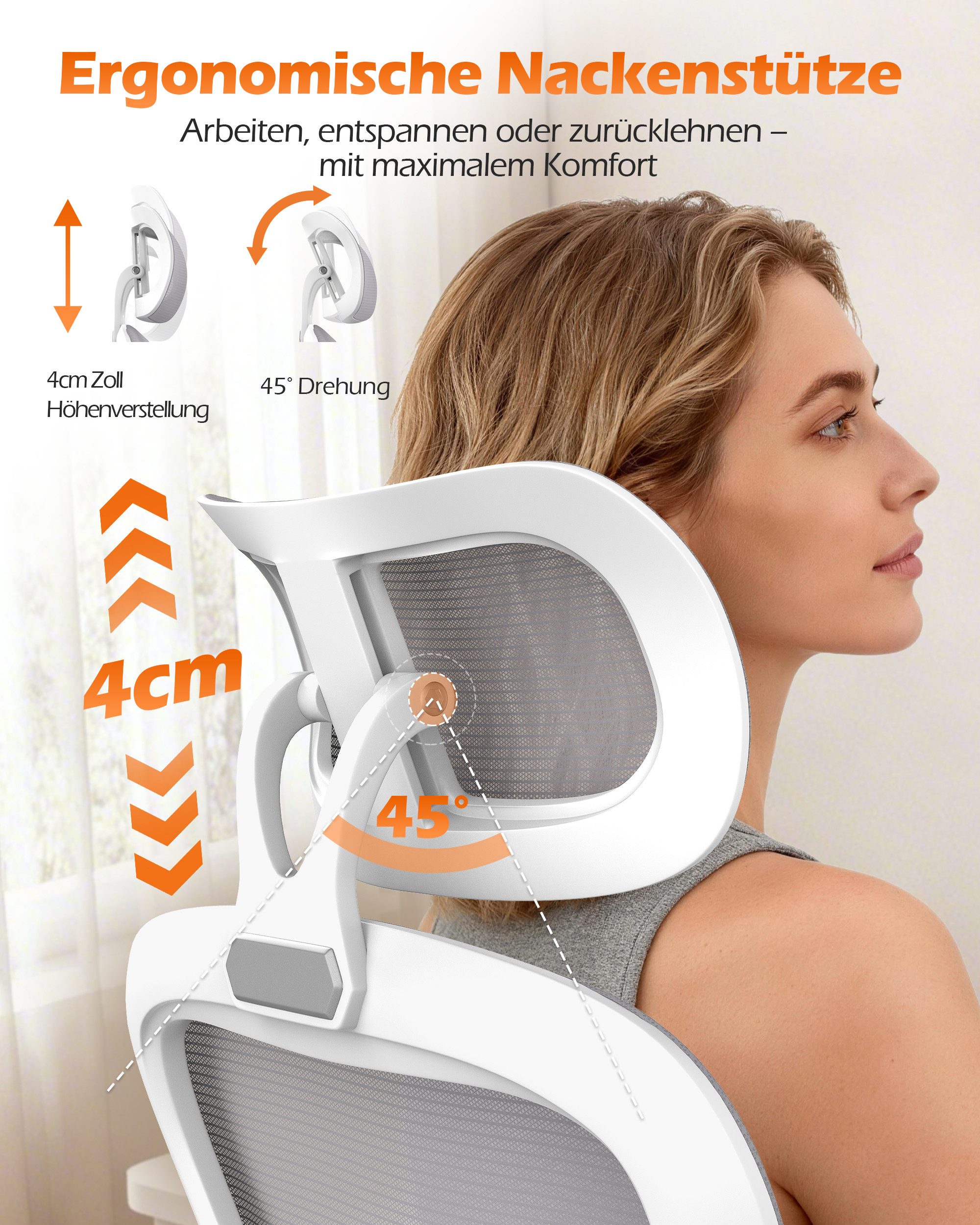 ZAISZE Bürostuhl Ergonomischer Bürostuhl mit Kopfstütze & verstellbaren Armlehnen (atmungsaktiver Mesh-Bezug, Rücken- und Taillenstütze, Neigung fixierbar bei 90° (maximal kippbar bis 120), C-förmige Lordosenstütze, Drehstuhl, Bürostühle Wippfunktion
