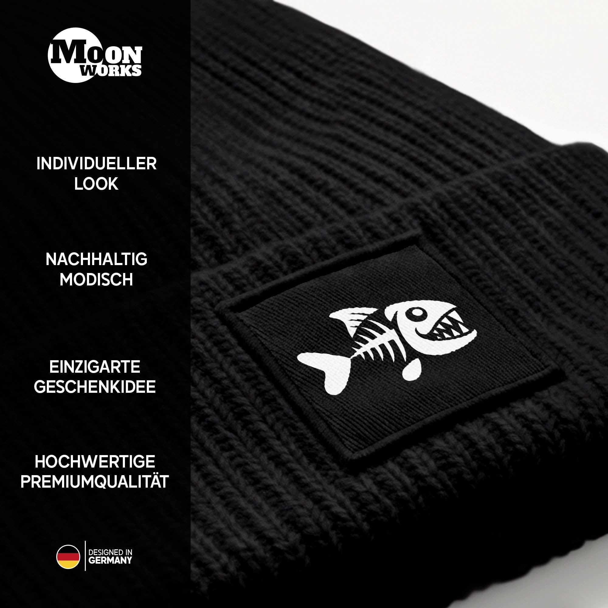 MoonWorks Strickmütze Herren Beanie Patch Piranha Grafik Print Lustig Wintermütze