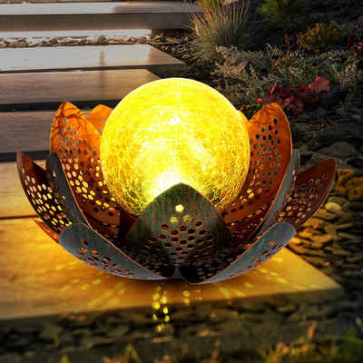 Globo LED Solarleuchte, LED-Leuchtmittel fest verbaut, Kaltweiß, LED Solar Lotus Blume Deko Lampe Kugel Crackle-Glas Außen