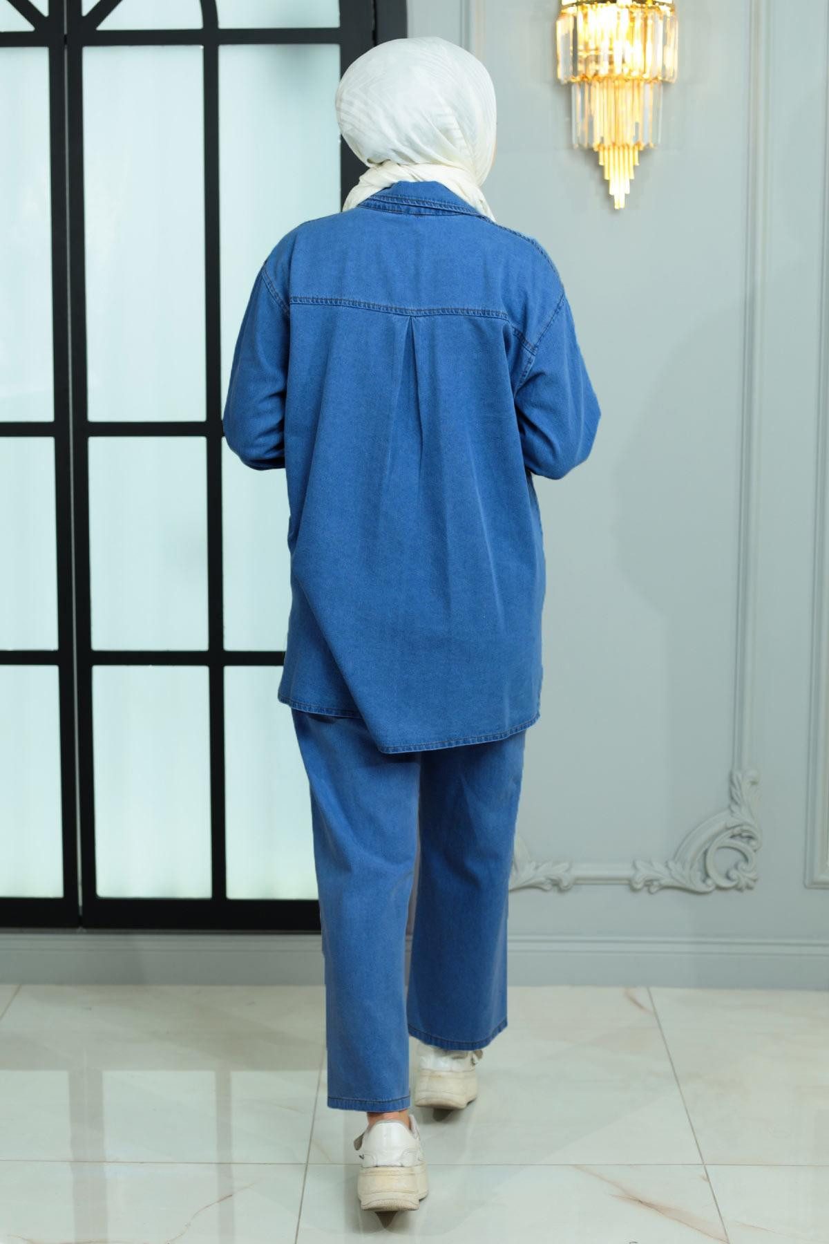 MODAMİHRAM Tunika Geknöpftes Stein-Detail Denim-Set