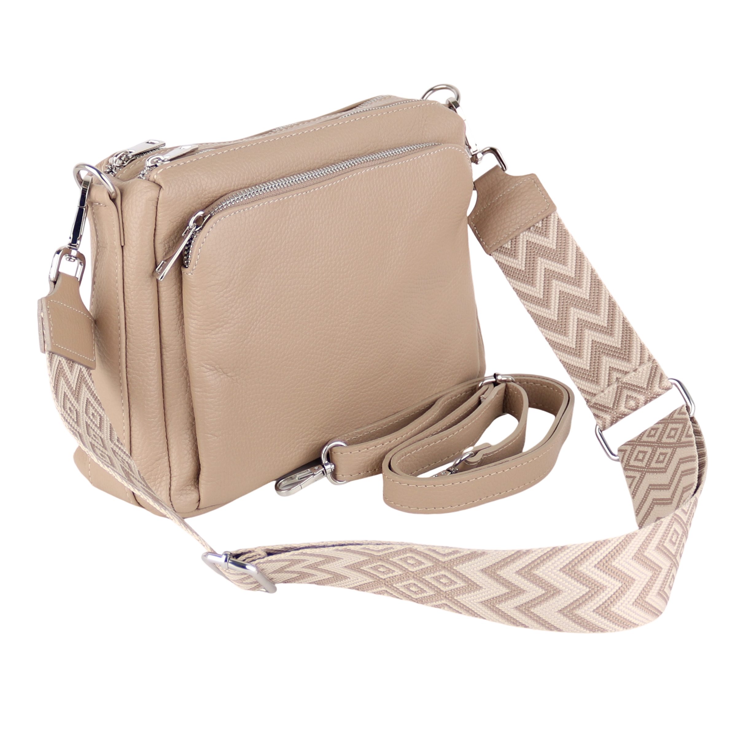MIRROSI Umhängetasche Damen, Echtleder, Leder, Made in Italy, Mittelgroß, (Schultertasche für jeden Anlass (1 Tasche mit 1 oder 2 Gurte), 27x19x10cm, Drei Hauptfächer mit Reißverschluss), Crossbody Bag, Schwarz, gemusterten& verstellbaren Schulterriemen