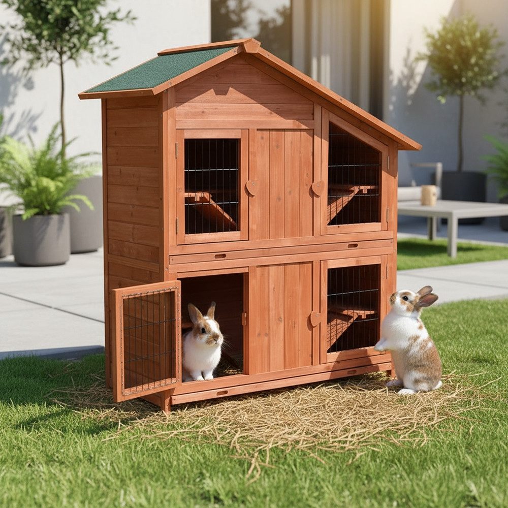 Mucola Kleintierstall 4 Boxen Hasenstall Aufzucht Holz Kaninchen Kleintierstall Hasenkäfig, 4 Rampen