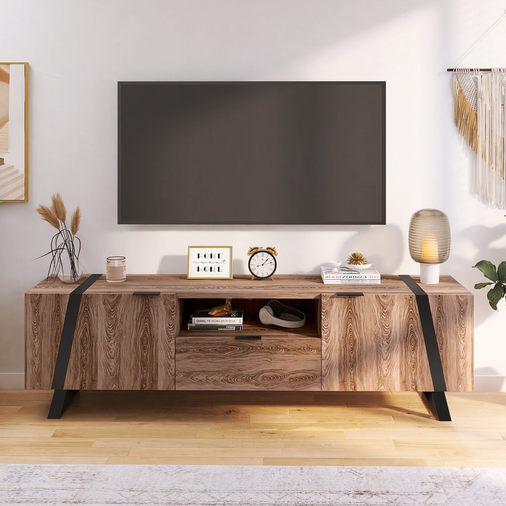 Merax Lowboard aus Holz mit 2 Türen und Schublade, Industrial Design,  TV-Schrank in Holzoptik, TV-Board, Fernsehtisch, B/H/T:173/50/40cm