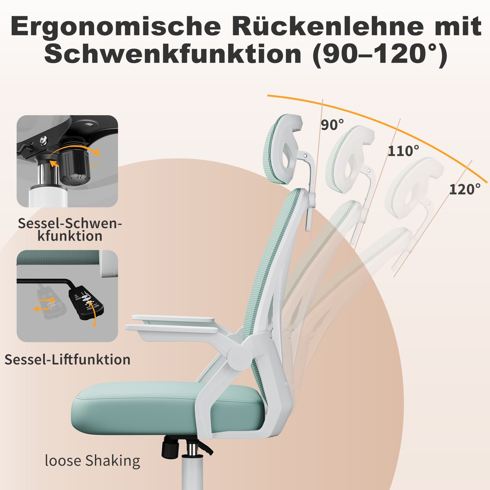 ZAISZE Bürostuhl Ergonomisch Schreibtischstuhl Höhenverstellbar mit Wippfunktion (90° hochklappbaren Armlehnen, ergonomischer Schreibtischstuhl mit Lendenstütze und Kopfstütze, atmungsaktive Netzbespannung, um 360° drehbarer Stuhl)