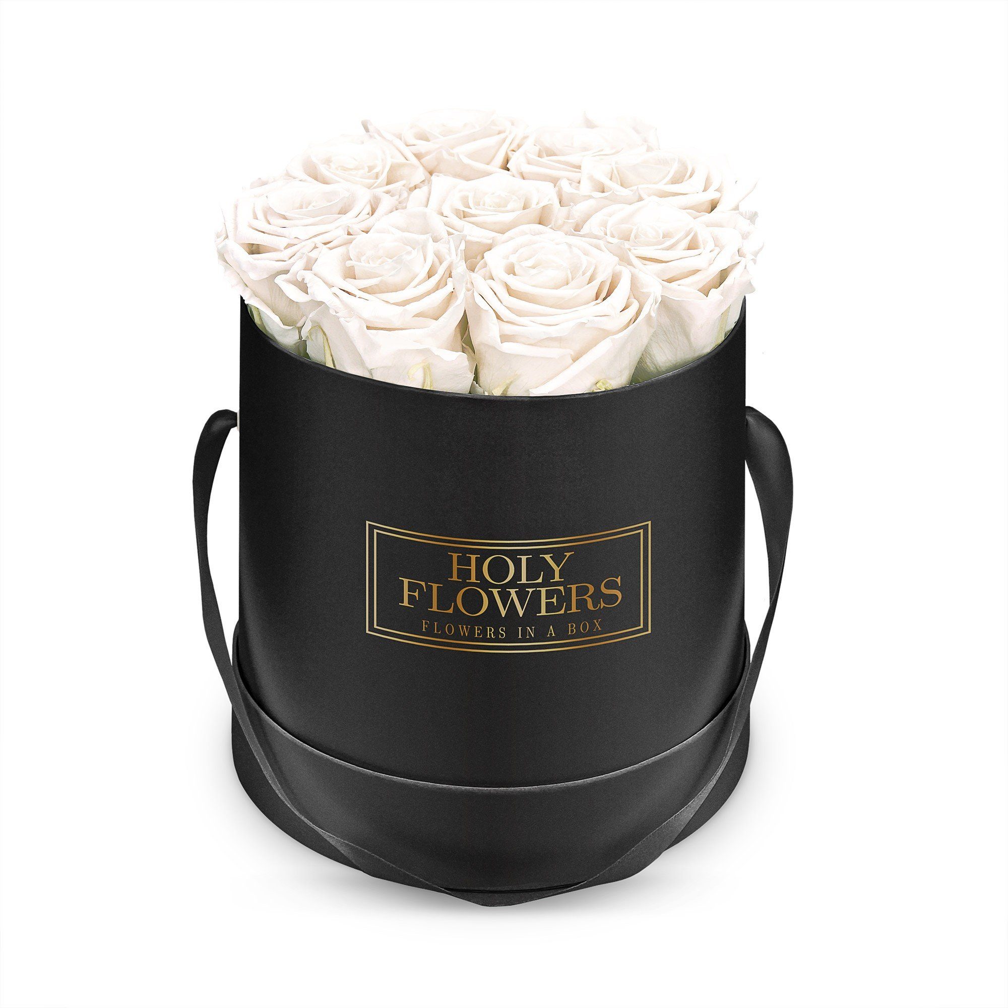 Kunstblume Runde Rosenbox in schwarz mit 8- 12 Infinity Rosen I 3 Jahre haltbar I Echte, duftende konservierte Blumen I by Raul Richter Infinity Rose, Holy Flowers, Höhe 14 cm Holy White