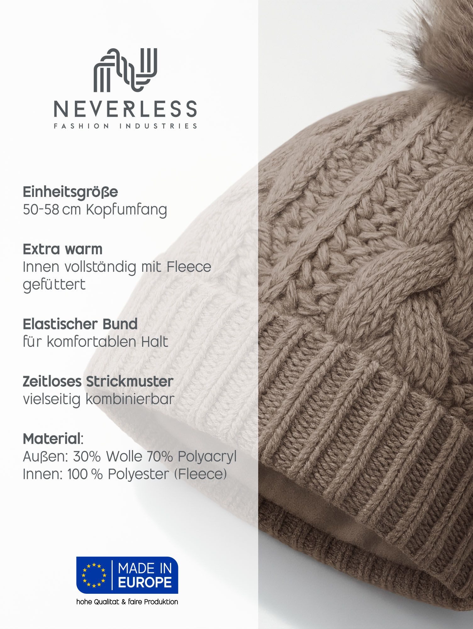 Neverless Bommelmütze Damen Strick-Mütze gefüttert Fell-Bommel Kunstfell Winter-Mütze
