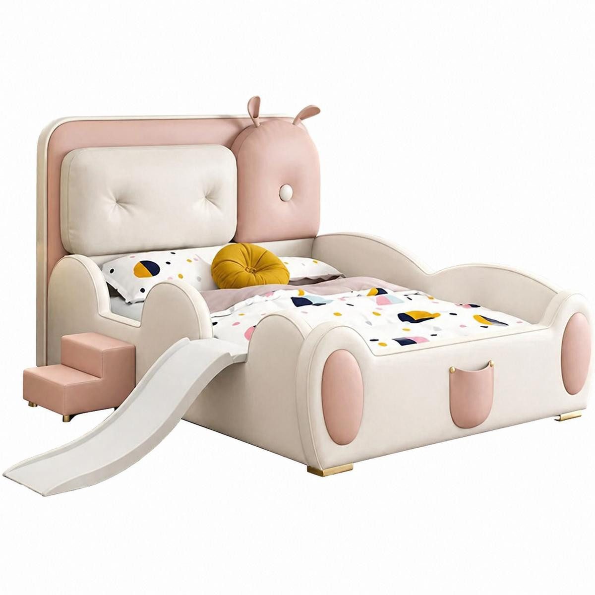 JVmoebel Kinderbett Beige-rosa Kinderbett mit Seitengittern Bett mit Rutsche und Treppe, Made in Europa