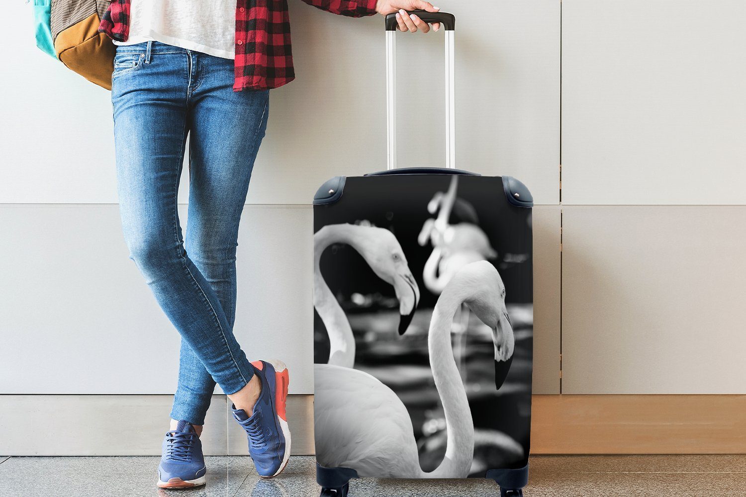 MuchoWow Handgepäckkoffer Reisekoffer in Ferien, Rollen, Nahaufnahme 4 Reisetasche von Trolley, Flamingos schwarz-weiß, für Handgepäck rollen, mit