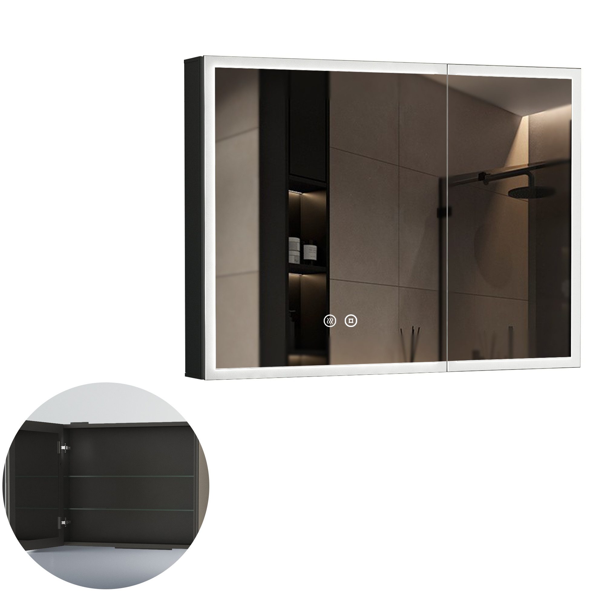 WDWRITTI Spiegelschrank Aluminum Badezimmerspiegelschrank 80cm breit mit LED Beleuchtung (Badschrank Schwarz matt 2-türig, 80x13,5x60cm) Doppelseitiger HD-Spiegel, Kaltweiß, Neutral, Warmweiß