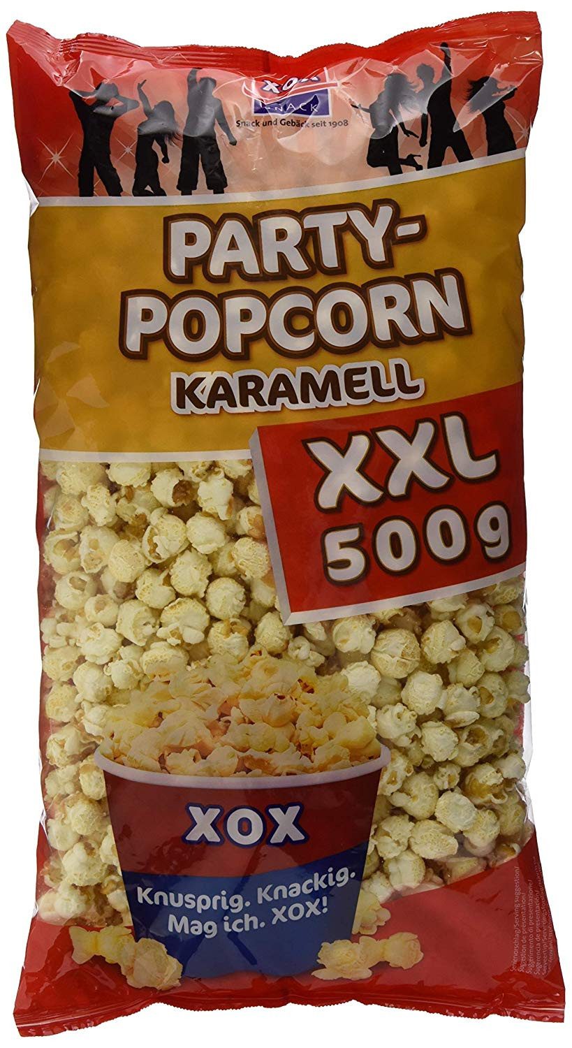XOX Knabberei, XOX Party Popcorn Karamell XXL vegan knusprig knackig frisch 500g