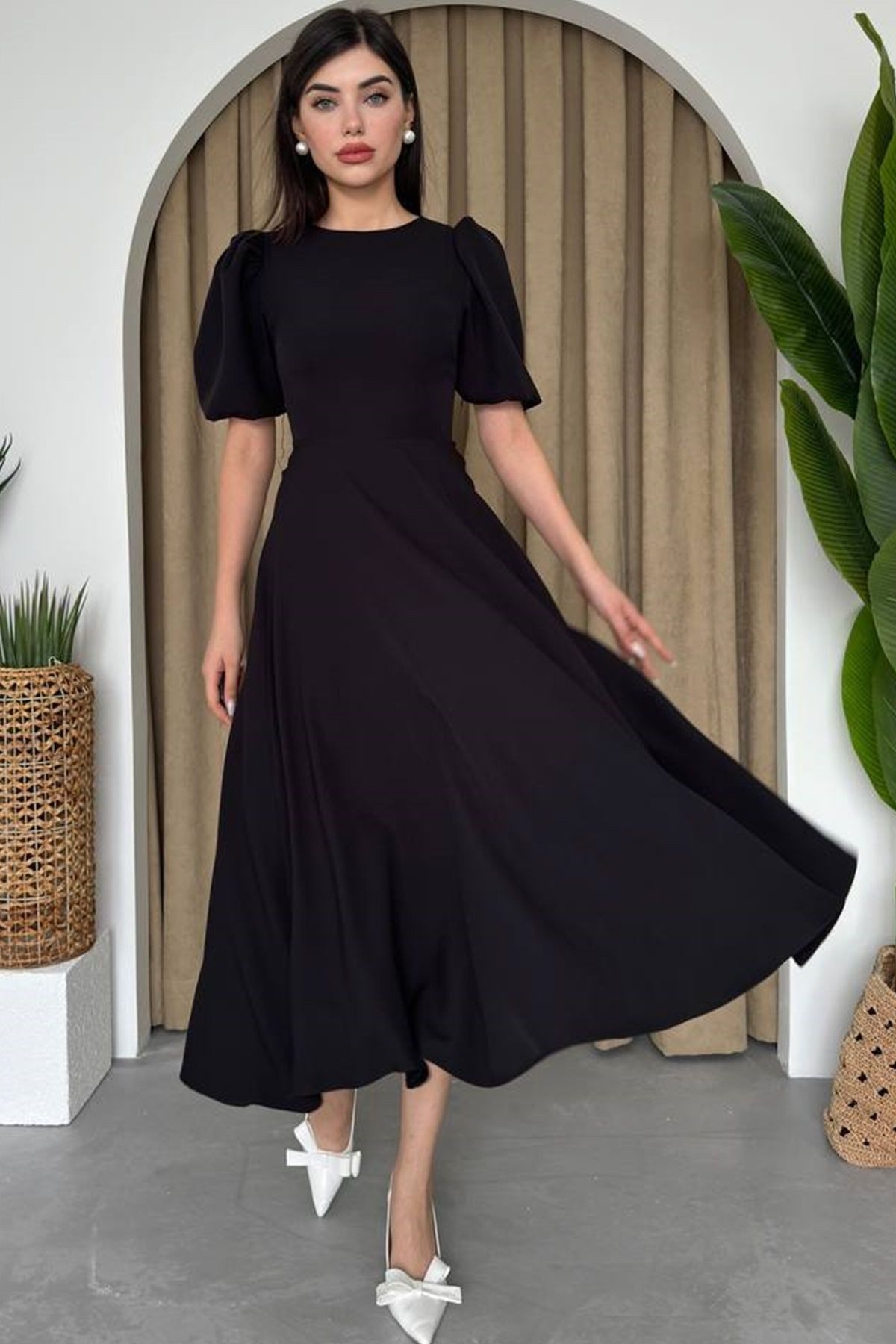 WOMAN VISION Minikleid Midi-Kleid mit Rundhalsausschnitt und ausgestelltem Rock