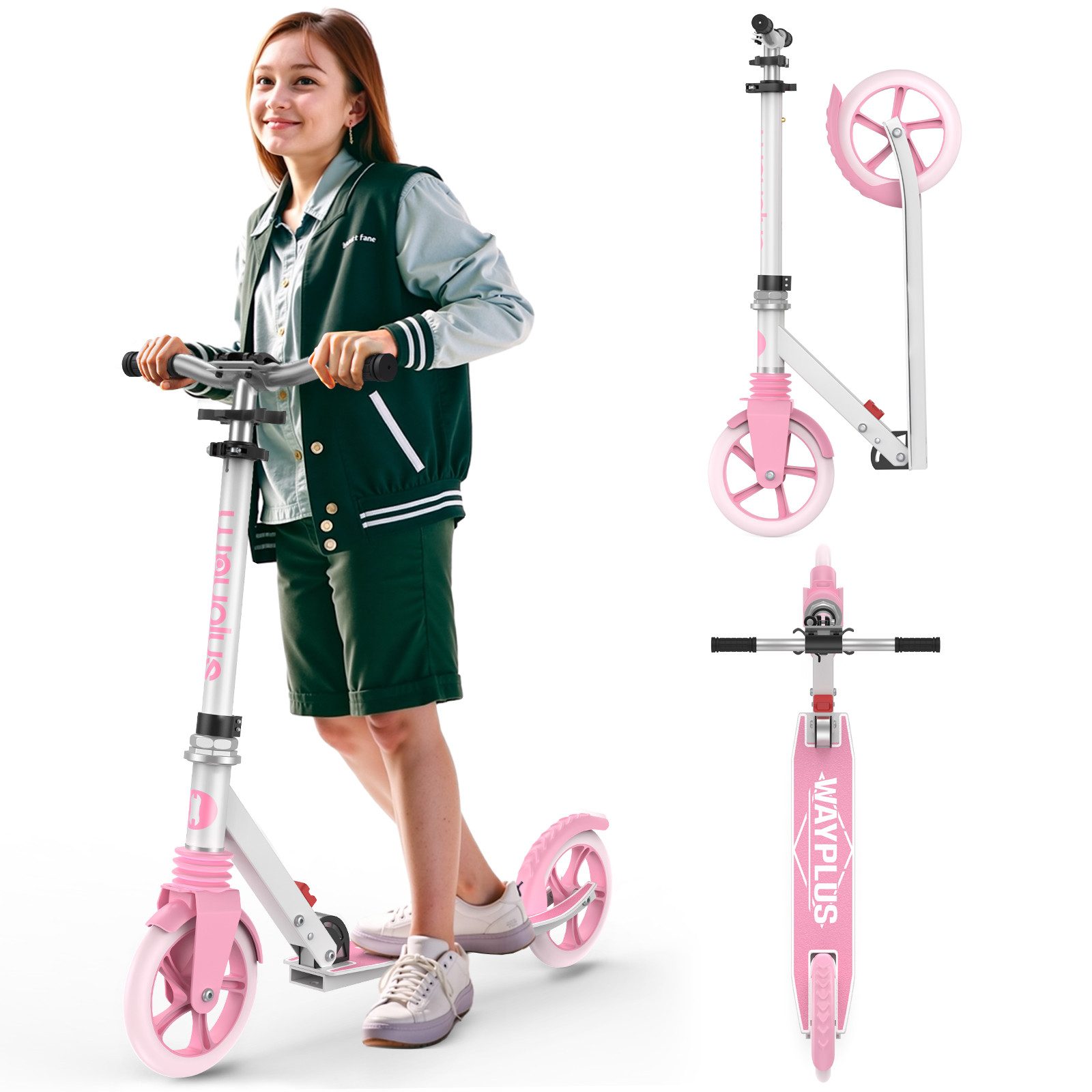 WAYPLUS Cityroller ab 6 Jahren, 108kg Belastbarkeit 205mm Räder ABEC9, (1 tlg), Klappbar Höhenverstellbar inkl. Tragegurt