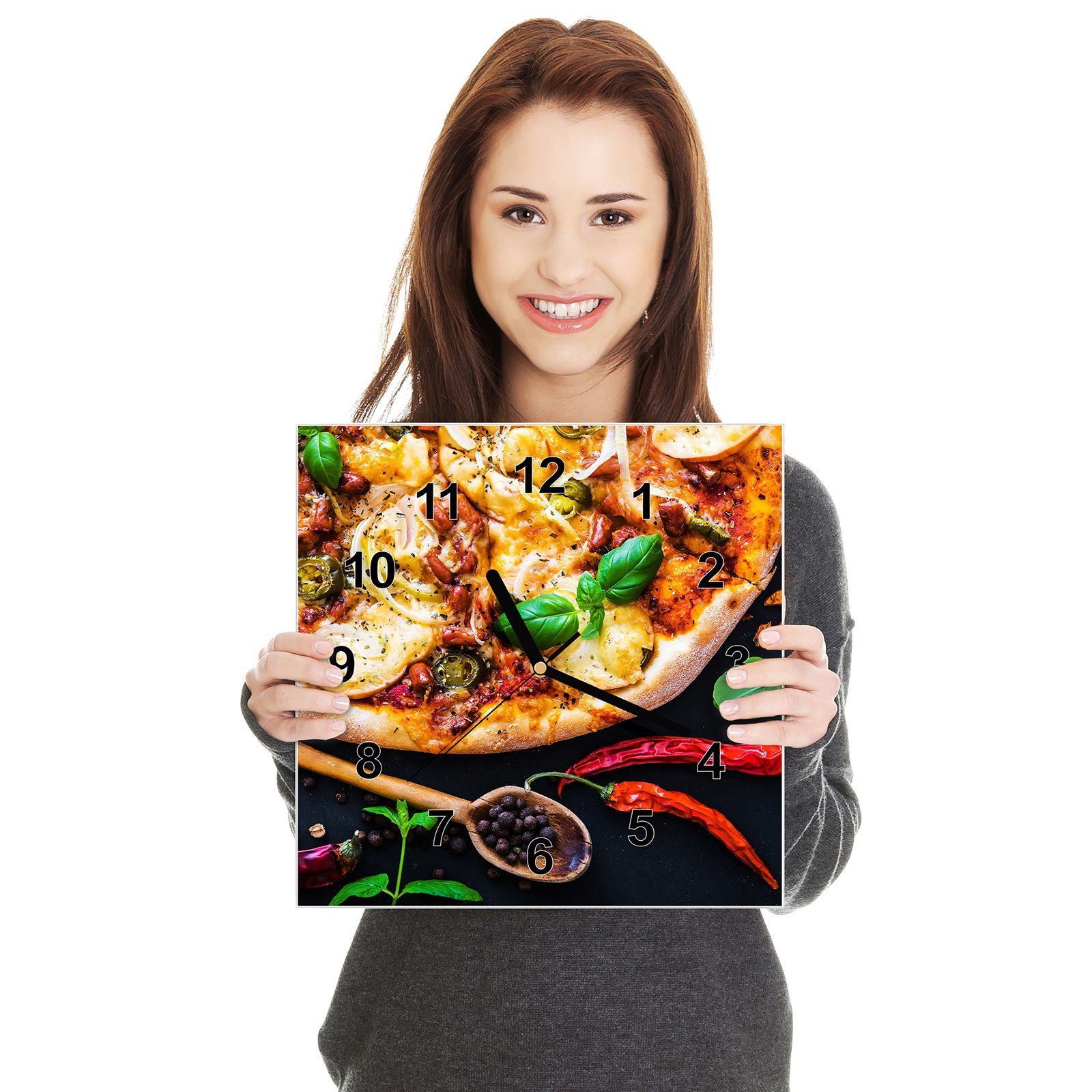 Wandkunst cm mit 30 Primedeco Größe x und Wanduhr Chili 30 Wanduhr Motiv Glasuhr Pizza