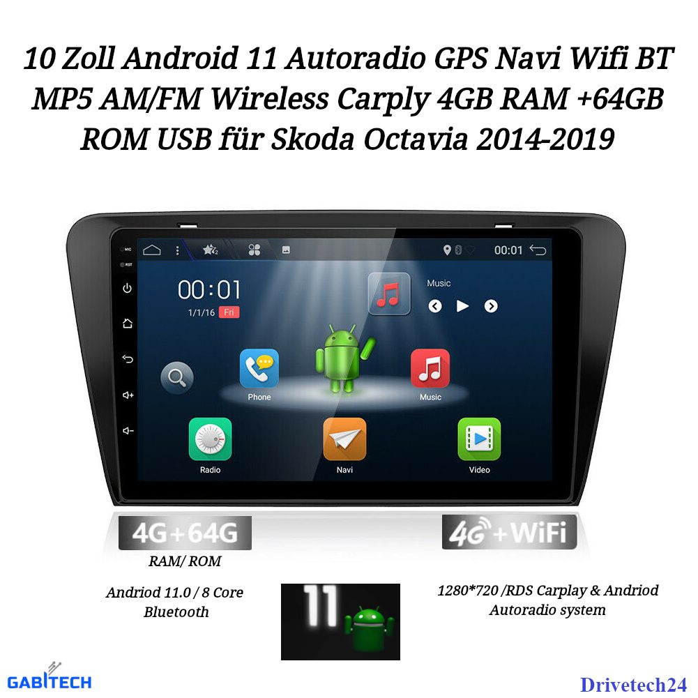 GABITECH Für Skoda Octavia 2014-2019 10 Zoll Android Autoradio Carplay 4GB RAM Einbau-Navigationsgerät