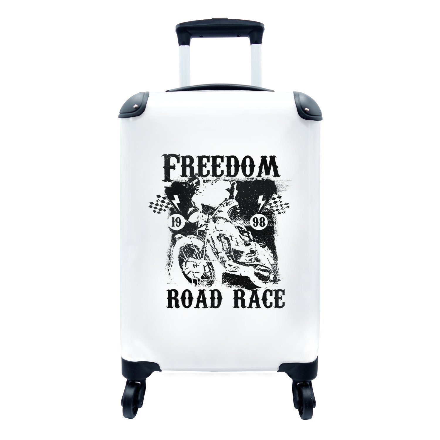 MuchoWow Handgepäckkoffer Zitat "Freedom road rage" mit Retro-Illustration eines Motorrads in, 4 Rollen, Reisetasche mit rollen, Handgepäck für Ferien, Trolley, Reisekoffer