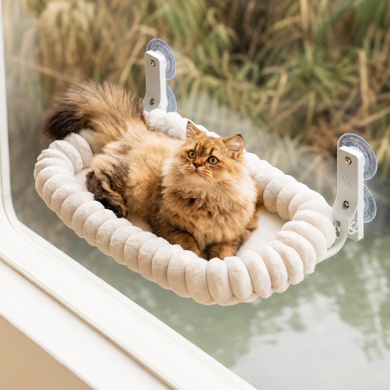 AIMAX Katzenliege Katzen-Hängematte, Fensterliege für Katzen, faltbar, 52 × 30 cm, Katzenhängematte Fenster mit Saugnäpfen und Plüschrand, für Katzen
