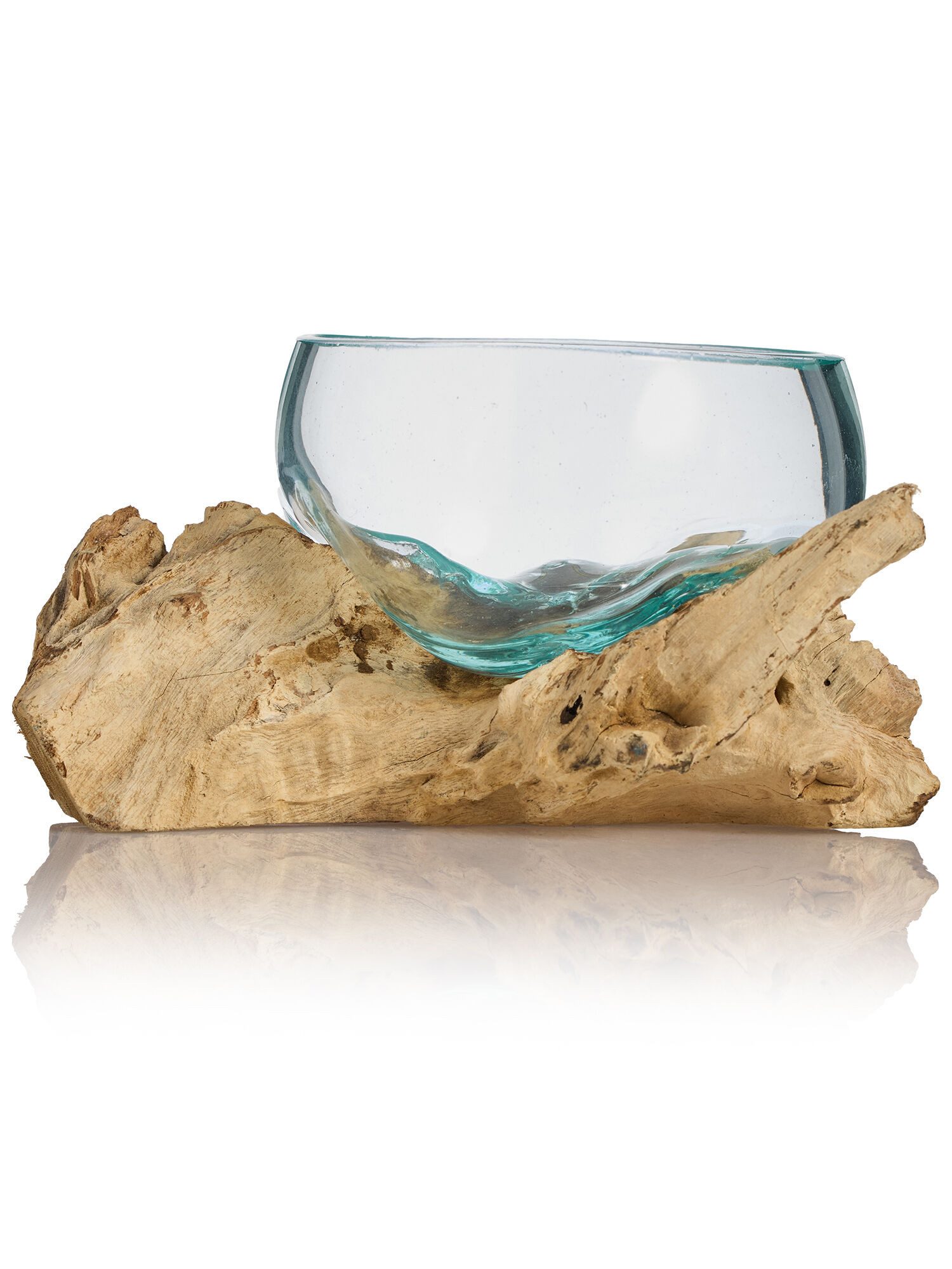 Dekorieren macht glücklich Dekoobjekt Teakholz mit Glasschale, Ø: ca. 16 cm (4er-Set), Handgefertigtes Unikat – meisterliche Qualität, für In- & Outdoor